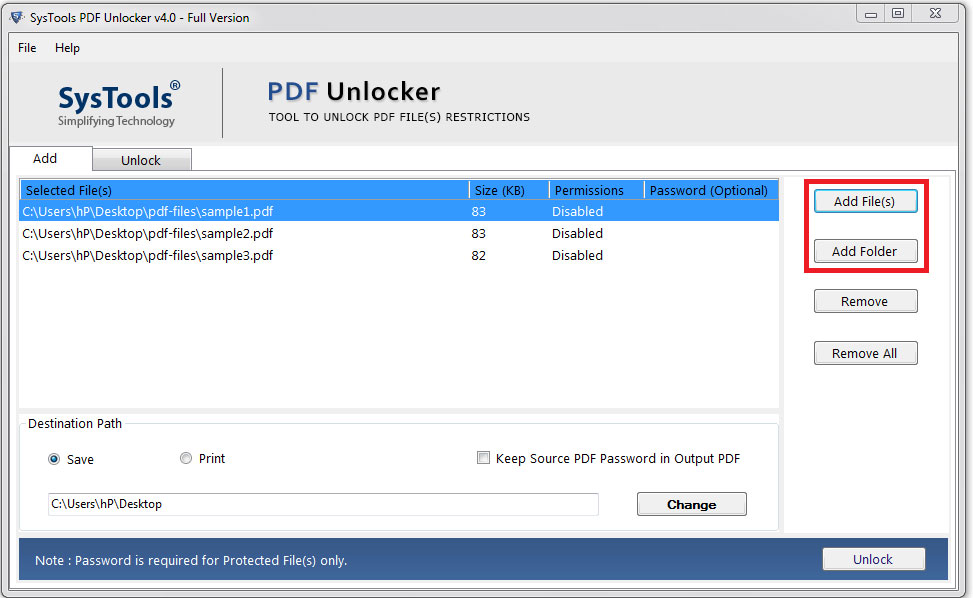 PDF unlock add file