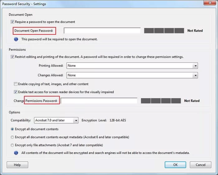 document open password permission password