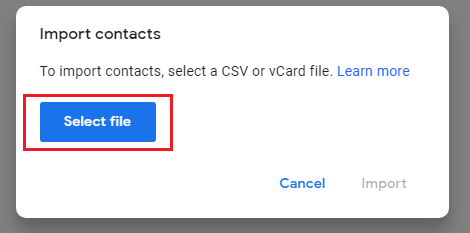 select file button to import vcard to gmail