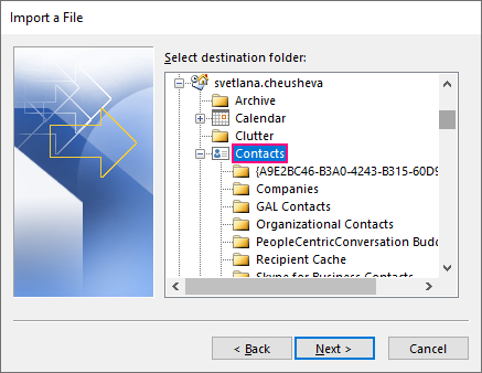 choose contact folder to convert csv to pst