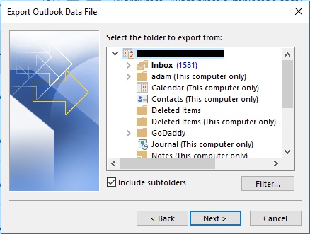 select folder to export gmail to pst